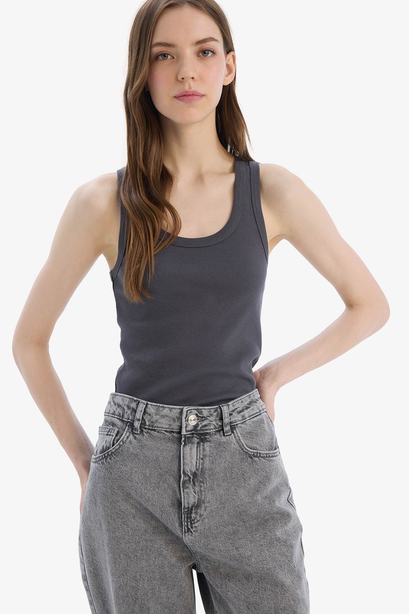 DeFacto Grey Woman Slim Fit Camisole U Collar Tank Top Casual - Image 3